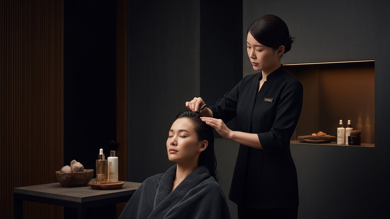 Luxury Korean root-strengthening ritual for women’s hairline thinning in a dark, premium spa setting.