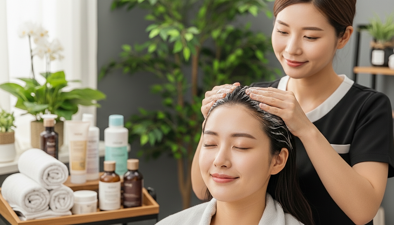 Korean therapist performing a mindful scalp massage in a serene luxury spa setting.