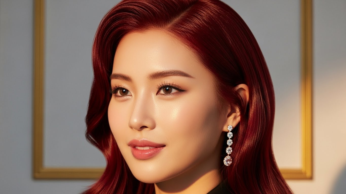 Korean model with celebrity-level glossy hair at a luxurious minimalist Wellkin spa.