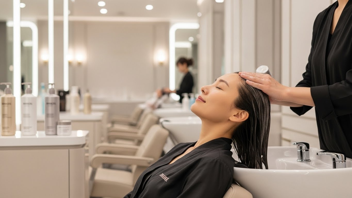 Korean woman in a luxury minimalist spa salon receiving a humidity-protective hair treatment.