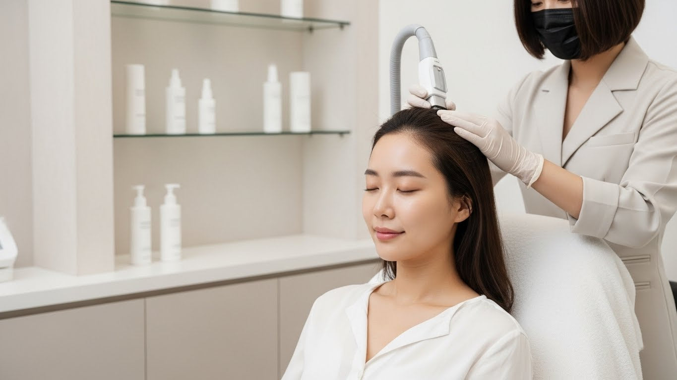 Technician performs a scalp treatment with a handheld device