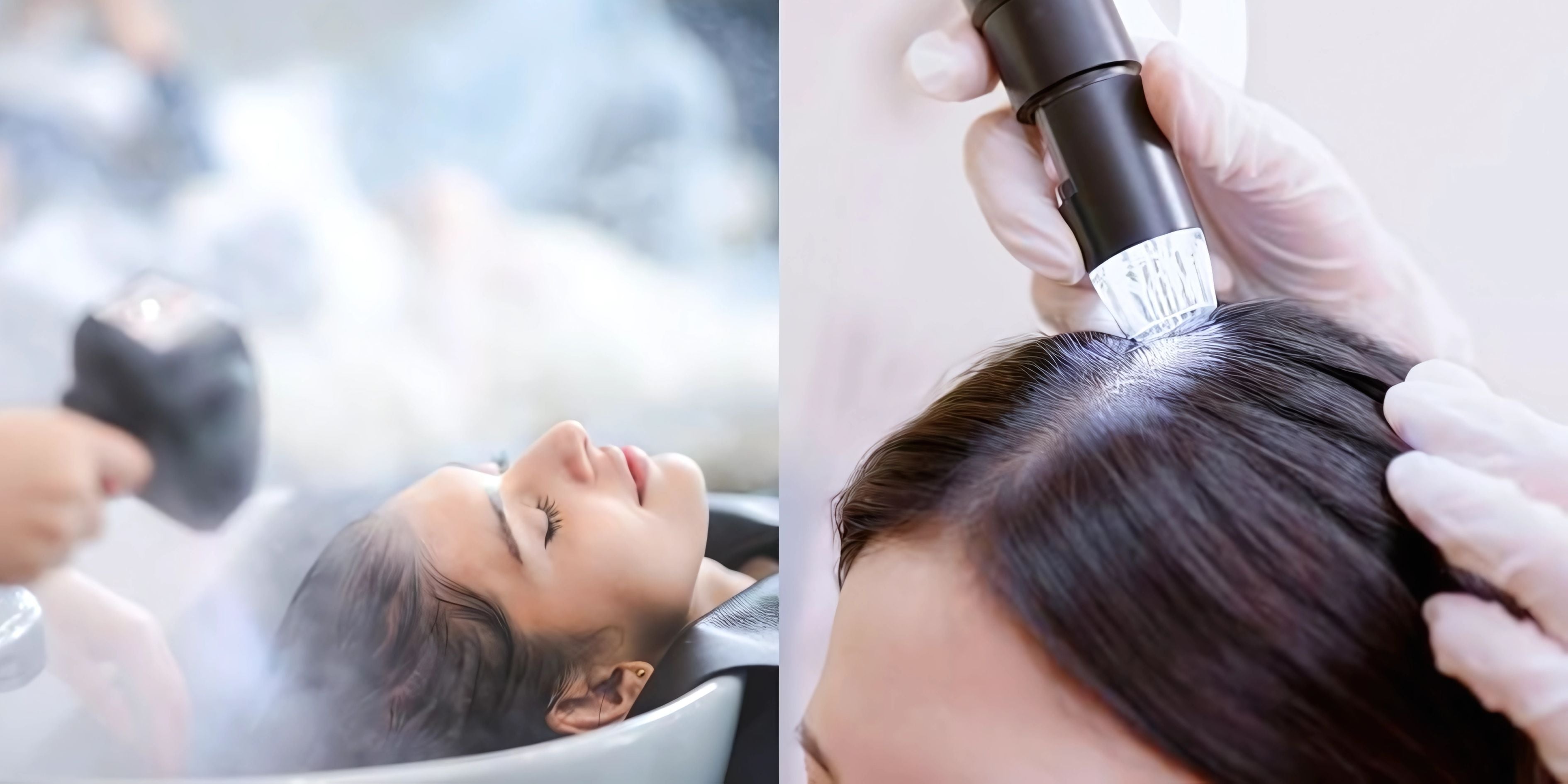 Therapist performing a relaxing scalp treatment on a client in a serene, softly lit setting
