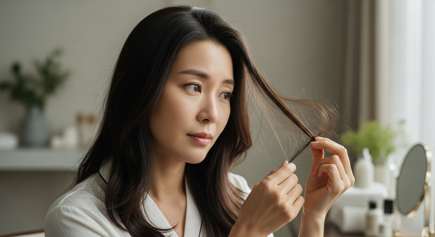 A woman looking down with concern, visibly upset as she notices signs of hair fall or thinning, expressing emotional distress related to hair loss.