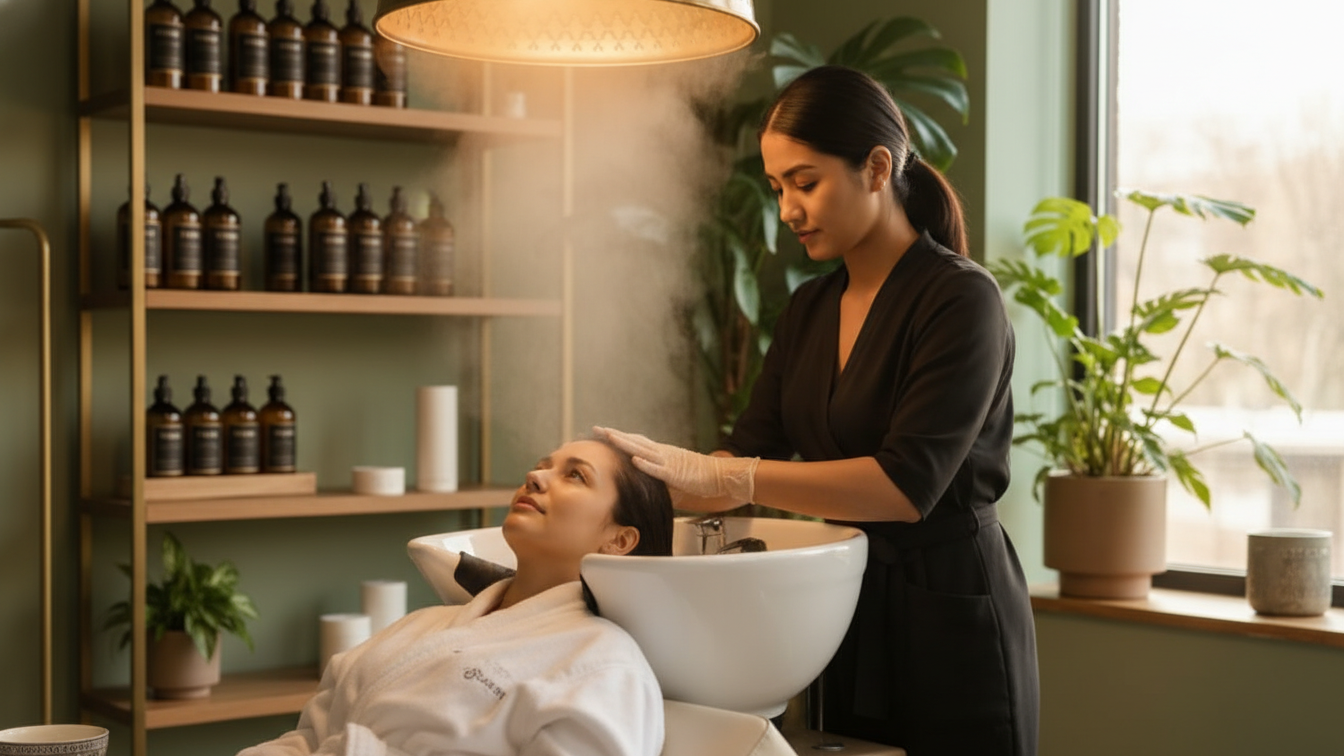 Korean woman undergoing a steam-based scalp consultation to detect early imbalance.