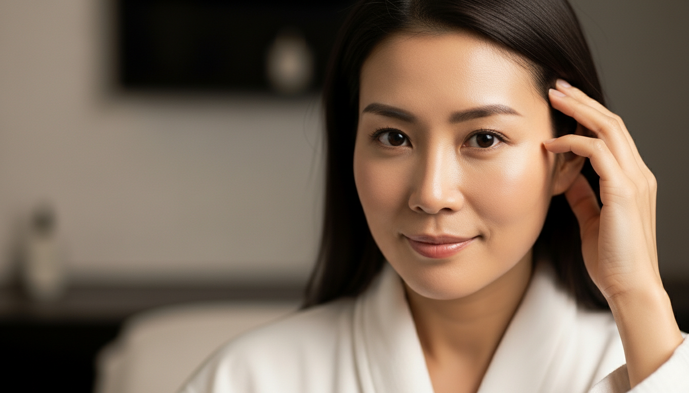 Korean woman in a luxury spa, representing soothing care for sensitive scalp.