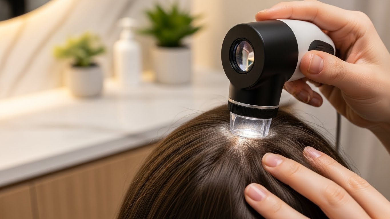 Close-up scalp analysis showing hair breakage vs hair fall in a luxury spa.