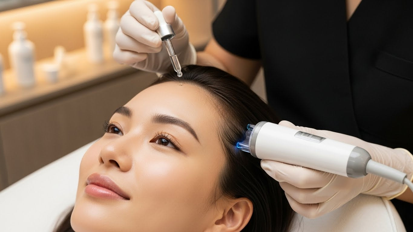 Close-up of a Korean woman receiving a professionally guided scalp scaling treatment