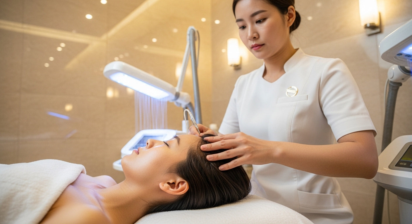 Woman receiving a hair treatment in a salon setting with a professional.