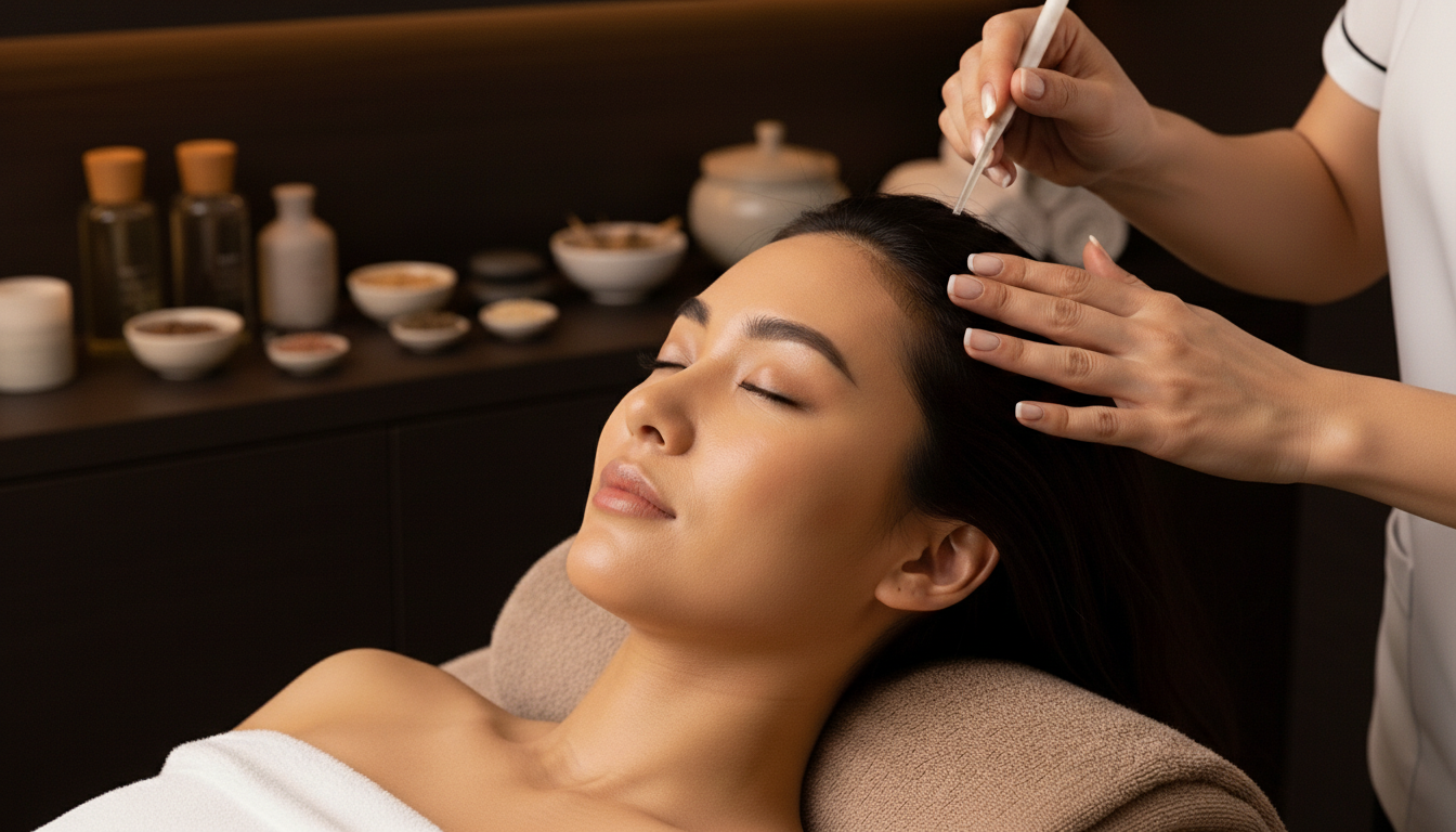 Woman receiving a scalp massage at a spa with a professional.